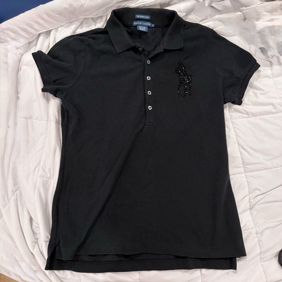 Ralph Lauren Skinny Polo Shirt Black Beaded Big Pony - Picture 1 of 7